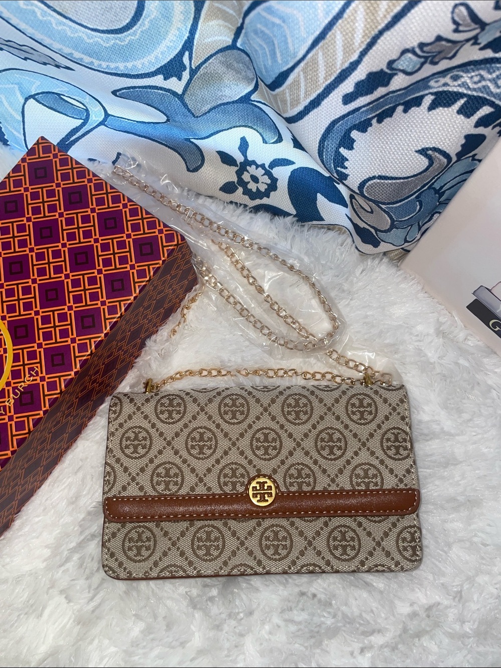 TB Beige Logo-Print Chain Crossbody Bag